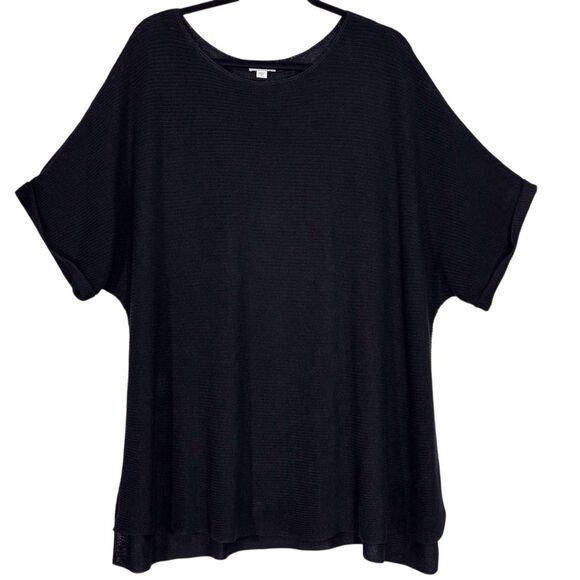 J Jill Linen Blend Sweater Top Boat Neck Black Short Sleeve Women XL Ribbed Knit - Picture 1 of 10